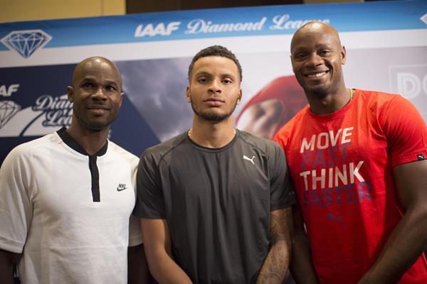 Kim Collins, Andre de Grasse and Asafa Powell in Doha (Hasse Sjogren)