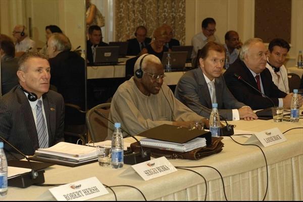 IAAF President Lamine Diack (c) presides over the first day of the IAAF Council Meeting in Kiev. From left: IAAF Senior Vice President Sergey Bubka, President Diack, Ukraine’s Minister of Family, Youth and Sport Ravil Safiullin, and Valeriy Borzov. (IAAF.org)