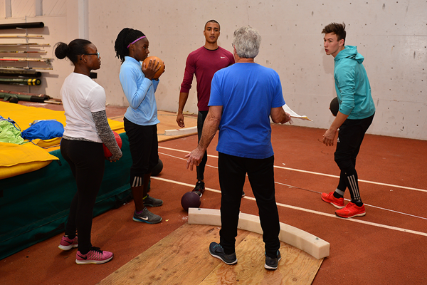 The 'On Camp' group do medicine ball drills with Ashton Eaton and Harry Marra (Phil Johnson / TrackTown USA)