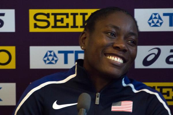 Brittney Reese at a pre-championships press conference in Birmingham (Bob Ramsak)