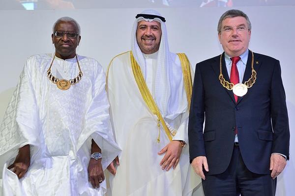 (l-r) IAAF President Lamine Diack, ANOC President Sheikh Ahmad Al-Fahad Al-Sabah and IOC President Thomas Bach (Getty images)