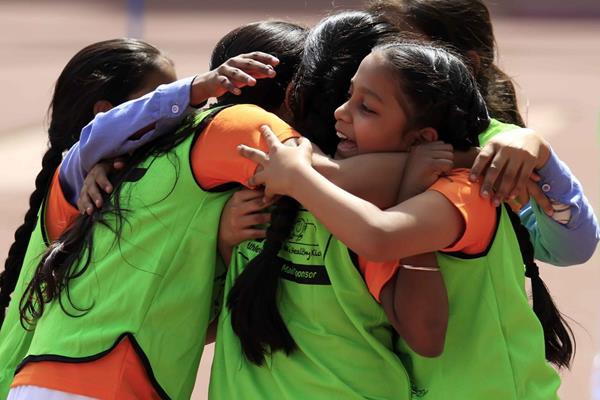 Children celebrate at the IAAF / Nestlé Kids’ Athletics workshop in New Delhi (AFI)