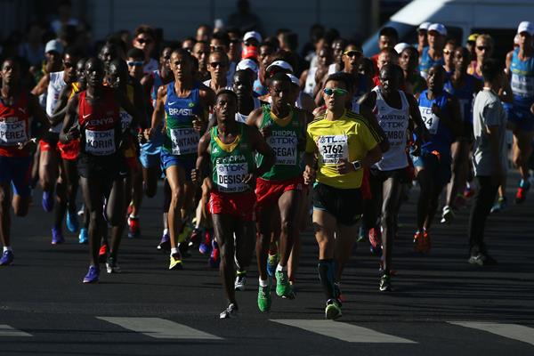 Lelisa Desisa and Yemane Tsegay of Ethiopia lead the pack in the men's marathon at the IAAF World Championships, Beijing 2015 (Getty Images)
