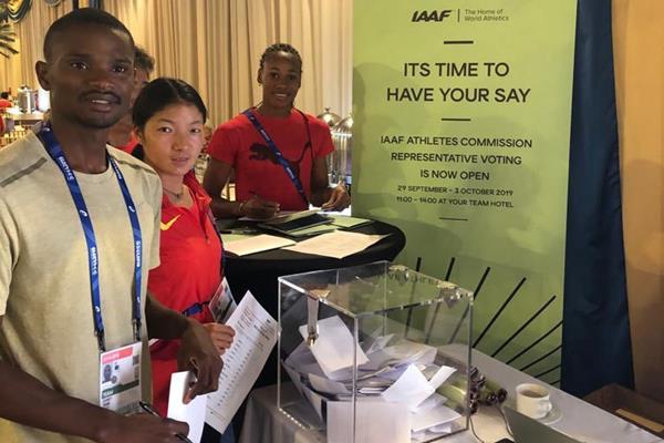 Athletes voting in the IAAF Athletes' Commission elections in Doha (IAAF)