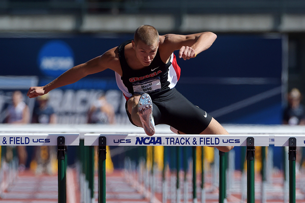 Maicel Uibo in the decathlon 110m hurdles at the NCAA Championships (Kirby Lee)