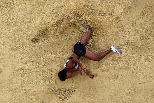 Rellie Kaputin of Papua New Guinea in action in the long jump (Getty Images)