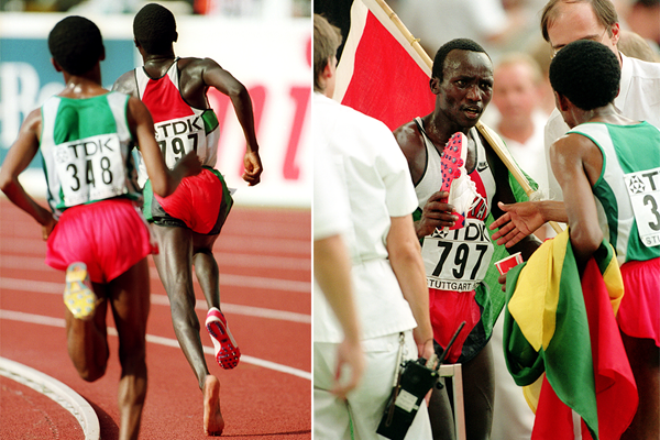 Moses Tanui and Haile Gebrselassie in the 10,000m at the 1993 IAAF World Championships in Stuttgart (Getty Images)