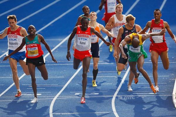 (L-R) Alfred Yego of Kenya, Yusuf Kamel of Bahrain and Mbulaeni Mulaudzi of South Africa cross the line in the men's 800m final in Berlin (Getty Images)