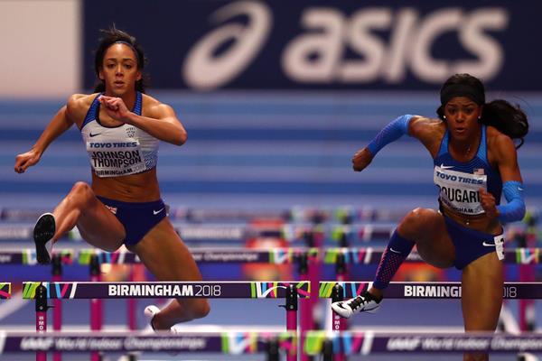 Katarina Johnson-Thompson and Erica Bougard in the pentathlon 60m hurdles at the IAAF World Indoor Championships Birmingham 2018 (Getty Images)