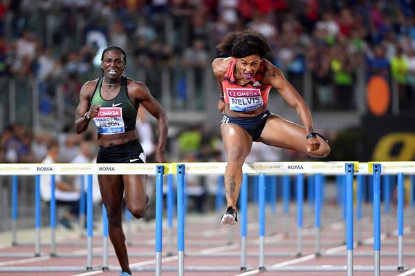 Sharika Nelvis en route to her Rome 100m hurdles victory (Hasse Sjogren)