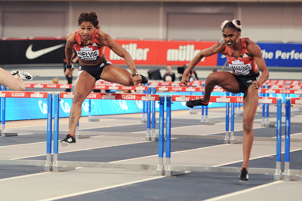 Christina Manning (right) and Sharika Nelvis (left) in the 60m hurdles at the IAAF World Indoor Tour meeting in Glasgow (Mark Shearman)