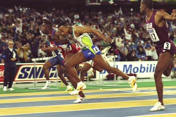 Bruny Surin wins the 1993 world indoor 60m title from Frankie Fredericks and Talal Mansour (Getty Images)