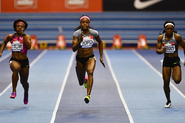 Elaine Thompson en route to her 6.98 win in Birmingham (Getty Images)