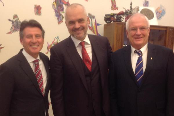 IAAF President Sebastian Coe, Albanian Prime Minister Edi Rama and European Athletics President Svein-Arne Hansen (IAAF)