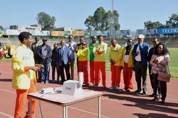 Haile Gebrselassie at the installation of an air quality monitoring device at Addis Ababa stadium (Ethiopian Athletics Federation)
