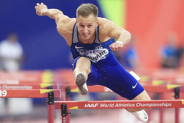 Janek Oiglane in the decathlon 110m hurdles at the IAAF World Athletics Championships Doha 2019 (Getty Images)