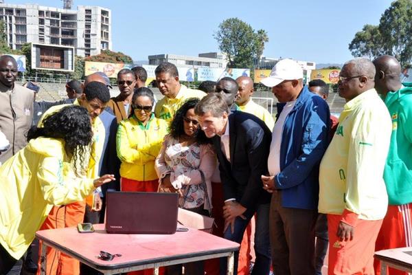 Kidist Tadesse of the Ethiopian Athletics Federation and IAAF Health & Science Department Director Stéphane Bermon discuss some of the data that will be collected by the air quality monitoring device at Addis Ababa stadium (Ethiopian Athletics Federation)