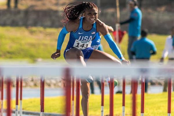 Tonea Marshall on her way to winning the 100m hurdles at the NACAC U23 Championships (Roberto Carlos Castrejón-Pérez)