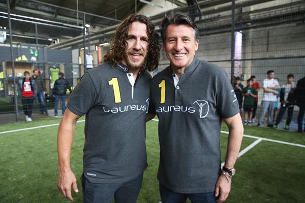 IAAF President Sebastian Coe with Carles Puyol during the Laureus Sport for Good Jam in Berlin (Getty Images)
