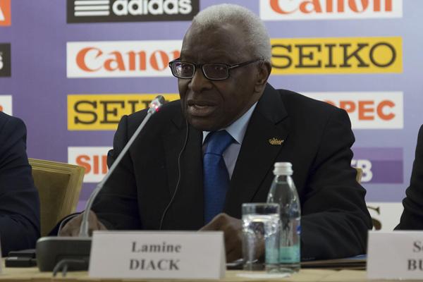 Lamine Diack - Moscow 2013 Press Conference, 8 April 2013 (Nikolay Kondakov / Moscow 2013 LOC)