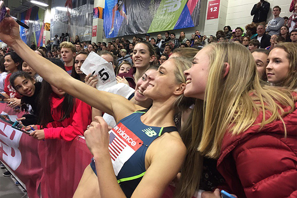 Emma Coburn with fans at the IAAF World Indoor Tour meeting in Boston (Organisers)