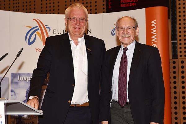 Svein Arne Hansen (L) new President of European Athletics and Hansjorg Wirz (R) the outgoing President of European Athletics  (Getty Images)