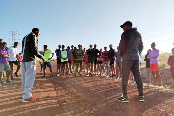 Head coach Getaneh Tessema (right) and assistant coach Assefa Mezgebu (left) with their training group in Sendafa (Cathal Dennehy)
