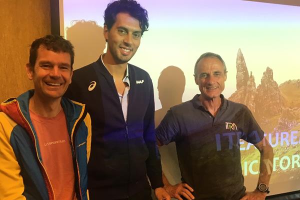 WMRA President Jonathan Wyatt, IAAF Road Running Manager Alessio Punzi and ITRA President Michel Poletti at a press conference in Chamonix announcing a new partnership with the IAAF (IAAF)
