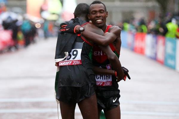 Geoffrey Kamworor and Bedan Karoki at the end of the men's race at the IAAF/Cardiff University World Half Marathon Championships Cardiff 2016 (Getty Images)