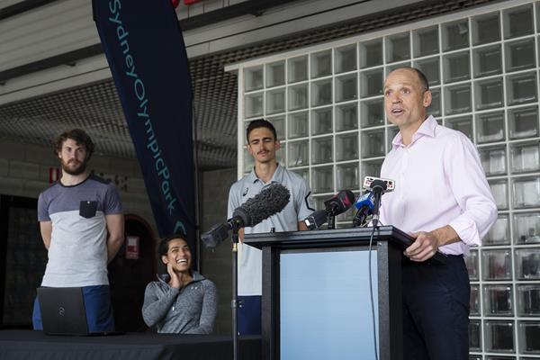 President of Athletics Australia Mark Arbib at the air quality device launch in Sydney (Getty Images)