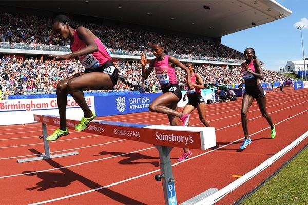 Milcah Chemos on her way to a meeting record in the Steeplechase at the Birmingham Diamond League (Mark Shearman)