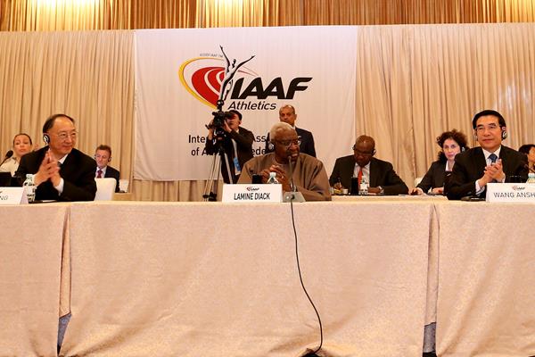 Chinese Sports Minister Liu Peng, IAAF President Lamine Diack and Mayor of Beijing Wang Anshun at the 198th IAAF Council Meeting in Beijing (IAAF)
