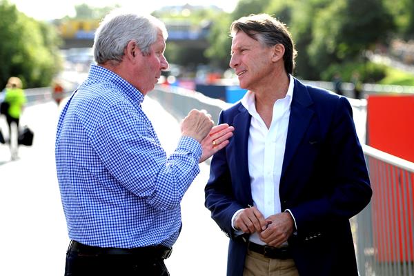 IAAF President Sebastian Coe with Brendan Foster prior to the 2016 Great North Run (Mark Shearman)