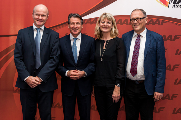 Danish Federation Director Jakob Larsen, IAAF President Sebastian Coe, Danish Federation Head of Communications Henriette Leth Nielsen and Senior Events Consultant of the City of Aarhus Finn Lyck (Philippe Fitte / IAAF)