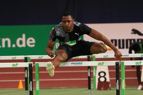 Wilhem Belocian in the 60m hurdles at the World Athletics Indoor Tour meeting in Karlsruhe (Gladys Chai von der Laage)