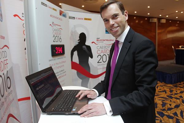 Ken Skates becomes the first person to pre-register for the IAAF World Half Marathon Championships, Cardiff 2016 (IAAF World Half Marathon Championships, Cardiff 2016 LOC)
