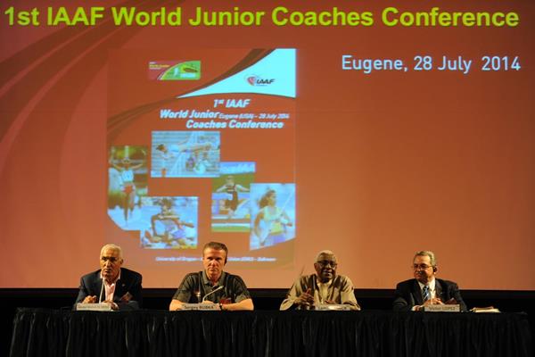 Malek El-Hebil,Sergey Bubka, IAAF President Lamine Diack and Victor Lopez at the opening of the 1st IAAF World Junior Coaches Conference (Getty Images)