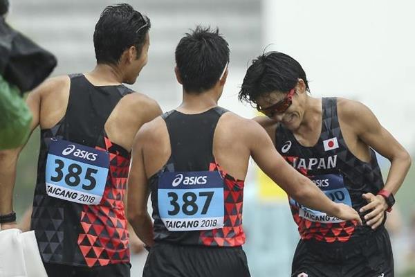The Japanese 50km team celebrate at the IAAF World Race Walking Team Championships Taicang 2018 (Getty Images)