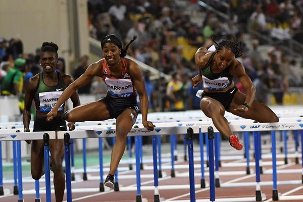 Kendra Harrison on her way to winning the 100m hurdles at the IAAF Diamond League meeting in Doha (Hasse Sjogren)