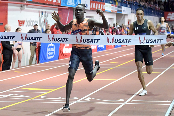 Michael Saruni wins the 800m at the Millrose Games (Kirby Lee)