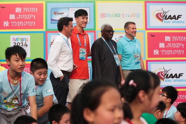 Seb Coe, Liu Xiang, Lamine Diack and Sergey Bubka at the IAAF Kids' Athletics event in Nanjing (Getty Images)