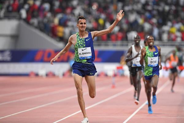 Soufiane El Bakkali wins the 3000m steeplechase at the IAAF Diamond League meeting in Doha (Jiro Mochizuki)