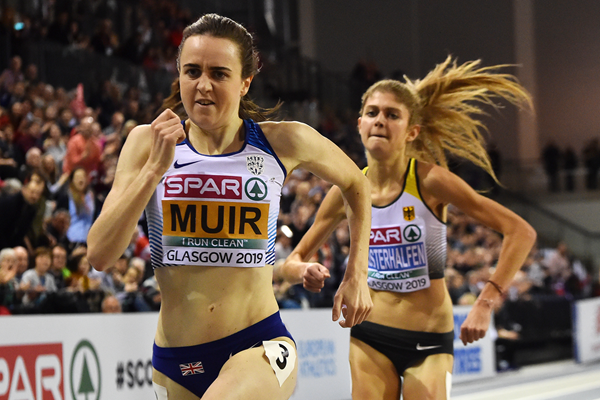 Laura Muir on her way to winning the 3000m at the European Indoor Championships in Glasgow (AFP / Getty Images)