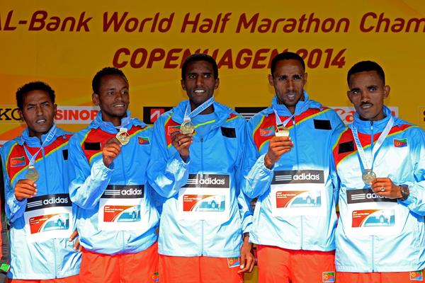 The Eritrean team receive their team gold medal at the 2014 IAAF World Half Marathon Championships in Copenhagen (Getty Images)