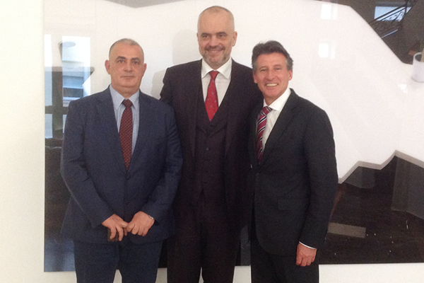 Albanian Athletics President Gergj Ruli, Albanian Prime Minister Edi Rama and IAAF President Sebastian Coe ()