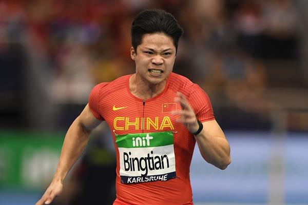 Su Bingtian en route to his 6.47 Asian record in Karlsruhe (Jiro Mochizuki for the IAAF)