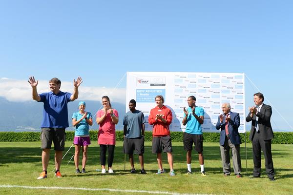 Werner Gunthor, Anita Weyermann, Sandra Perkovic, Bershawn Jackson, Andreas Thorkildsen, Christian Taylor, Malek El Habil and Chris Johnson at the IAAF / Nestlé Kids’ Athletics demonstration in Vevey, Switzerland (Jiro Mochizuki)