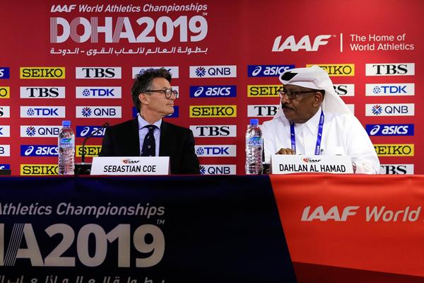 IAAF President Sebastian Coe and LOC Vice President Dahlan Al Hamad at the press conference ahead of the IAAF World Athletics Championships Doha 2019 (Getty Images)