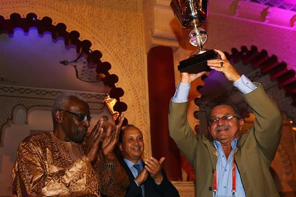 NACAC President Victor Lopez celebrating Team Americas' 2010 IAAF Continental Cup win after being presented with the trophy in Marrakech (Getty Images)