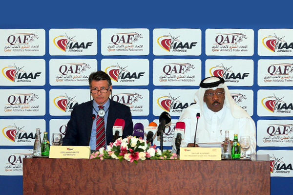 IAAF President Sebastian Coe and Qatar Athletics Federation President Dahlan Al Hamad in Doha (QAF)